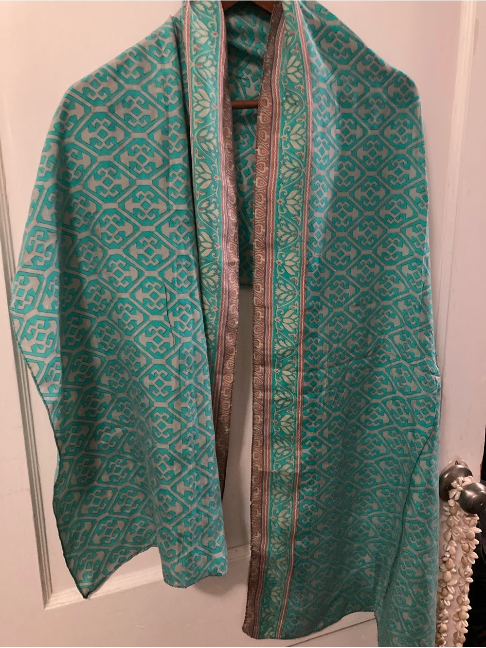 100% silk emerald rust cream pattern scarf from India